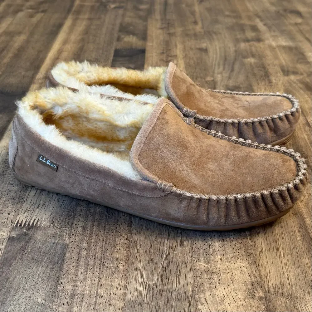 L.L.Bean Wicked Good Slippers Venetian Shearling Moccasin Suede Brown Men’s 14